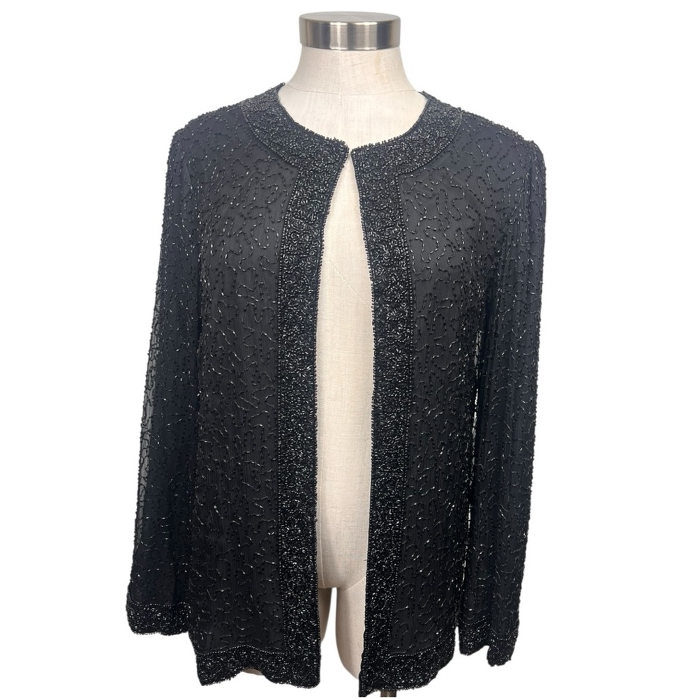 Laurence Kazar Black Silk‎ Beaded Jacket Size Medium